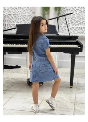 yns coolstar فستان بناتي من NEW SEASON بجيب أمامي وأزرار وأكمام قصيرة من قماش الدنيم القطني