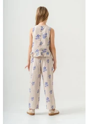Magu Girl's Ecru Floral Patterned Poplin Linen Blouse and Pants Set