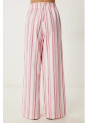 Happiness İstanbul بنطلون كتان فضفاض صيفي مخطط وردي اللون للنساء DP00247