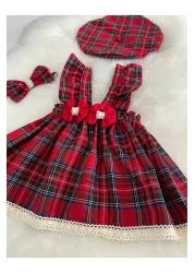 Moda Lina Baby Girl Ruched Red Plaid Dress Bandana Hat Set