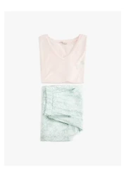 Koton V-Neck Short Sleeve Printed Loose Fit Viscose Woven Pajama Set