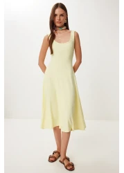 Happiness İstanbul Women's Yellow Strap Summer Ribbed Knitted Midi Dress Dz00130