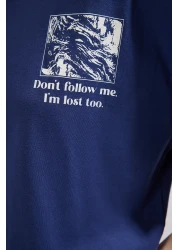  Collection Navy Oversize Knitted T-Shirt - 100% Cotton, Back and Front Print, Relaxed Fit Twoss24Ts00234