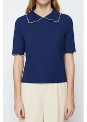  Collection Navy Blue Collar Detailed Regular/Normal Fit Knitted Knitted Blouse Twoss24Bz00194