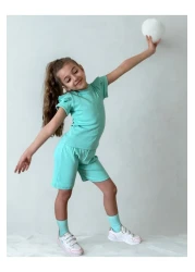 özge başaran Mint Girl's 4-Piece Set – Ruffled Shorts T-Shirt Socks Band Combination
