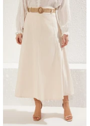  Collection تنورة طويلة منسوجة من الكتان بطول ماكسي على شكل حرف A مع تفاصيل حزام بيج TWOSS25ET00071