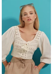 Trend Alaçatı Stili Women's Ecru Oval Collar Front Lace Up Linen Blocked Crochet Blouse ALC-X9196