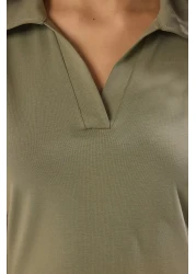  Collection Skater/Waist Cutout Khaki Polo Midi Dress, Cotton Stretch Knit