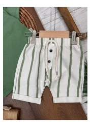 Lino Baby Summer Combination Striped Shorts and Hat Plain T-Shirt Shoulder Snap Fastener Baby Boy Set