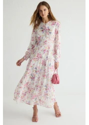  Modest Ecru Floral Print Woven Chiffon Dress Tctss25Eb00036