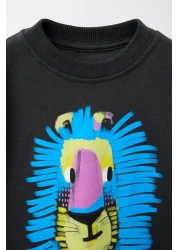 Magu Boys' Cotton Black Lion Printed T-Shirt and Striped Pants Set