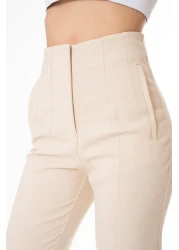 Tebessüm Life High Waist Beige Fabric Trousers - Collar Detail