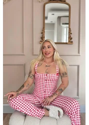 Pijamaevi Rouge Gingham Patterned Bamboo Front Button Thick Strap Pajama Set
