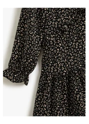 Koton Leopard Patterned Ruffle Dress Long Sleeve V-Neck with Elastic Cuffs