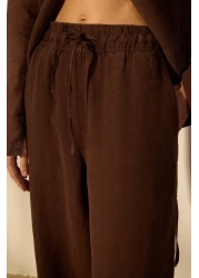  Collection Brown 100% Linen Elastic Waist High Waist Extra Pants Twoss24Je00251