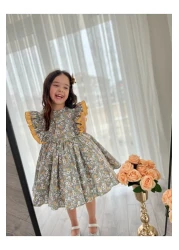 Sare Çocuk Giyim Girl's Yellow Floral Shoulder Puffy Princess Special Design Dress (100% Cotton) + Buckle