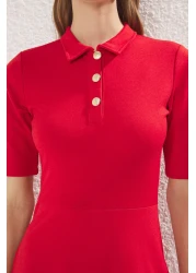  Collection Red Midi Knitted Dress - Three Quarter Sleeve, Button-Down Collar, Skater Style - Twoaw25El00518