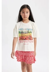Defacto Girl's 2 Piece Set Crew Neck Printed Short Sleeve T-Shirt Floral Skirt C5356A824Hs