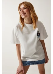 Happiness İstanbul Women's White Crew Neck Embroidered Oversize Knitted T-Shirt NJ00142