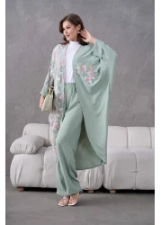 Miss Allos Women's Front Tulle Floral Embroidered Stone Detailed Linen Kimono and Pants Bottom Top Set