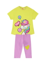 Denokids طقم تي شيرت صيفي بنمط وحيد القرن للفتيات وطماق أرجوانية