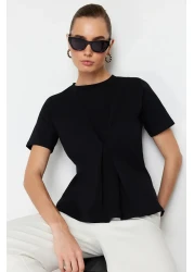  Collection بلوزة محبوكة ذات ثنيات أمامية سوداء بقصة عادية/عادية ورقبة دائرية TWOSS24BZ00302