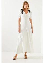 Bianco Lucci فستان نسائي متوسط الطول بياقة على شكل حرف V وأكمام قصيرة مزين بفيونكة 60251279