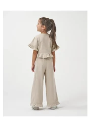 Minipodyum Girl's Buttoned Linen Summer Double Set