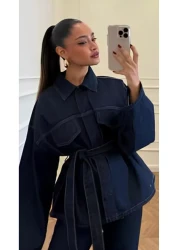 Perryes Women's Tie-Up Denim Suit Oversize Jacket and Pants