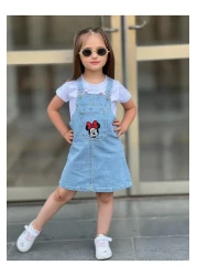 yns coolstar Minnie Print Jeans Salopet Gilet Dress with Shorts 2 Pieces Set