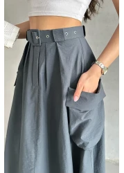 MD trend Women's Belted Big Pocket Detailed Skirt