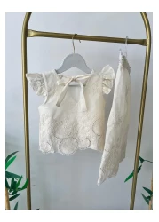 Hobidik Girls' Cotton Scallop Cream Bottom Top Set