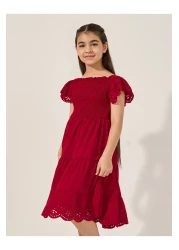 Styli Schiffli Smocked Detail Tiered Dress