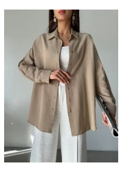 Laluvia Milk Coffee Oversize Off Shoulder Linen Shirt