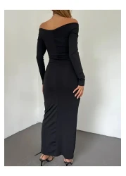 DENİKK 1018 قارب الرقبة الجبهة مزدوجة الصدر ميدي طول النسيج الناعم المرأة فستان أسود الاتجاه