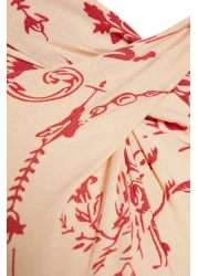  Modest فستان منسوج من القطن والفسكوز صيفي بتفاصيل عقدة وياقة منقوشة باللون الأحمر الكريمي TCTSS23EB00234