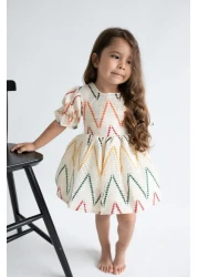 Magu Girl's Ecru Patterned Lined Cotton Dress