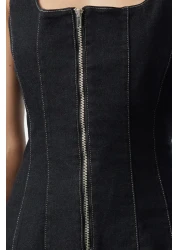  Collection Black Stitching Detail Zip Square Neck Denim Blouse Twoaw25Bz00005