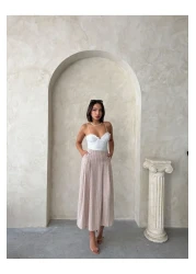 HARVESSE Pleated Midi Linen Look Skirt