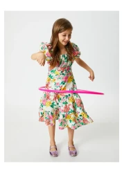 Koton فستان زهري متوسط الطول ذو أكمام قصيرة وياقة مربعة