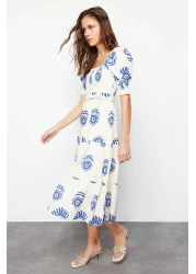  Collection Blue Patterned Square Neck Linen Look Belted Midi Woven Dress TWOSS24EL00779