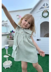 Minipodyum Baby Girl Collar Embroidered Bag Holiday Linen Dress