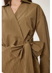 Happiness İstanbul بلوزة بوبلين قميص مخطط كاكي للنساء US00962