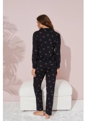 Siyah İnci Cotton Black and Pink Floral Patterned Buttoned Pajamas Set