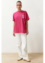  Collection Fuchsia 100% Cotton Back and Front Slogan Printed Oversize/Comfortable Fit Knitted T-Shirt TWOSS24TS00235