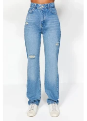  Collection Blue Ripped High Waist Long Straight Jeans TWOAW24JE00033