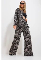 Trend Alaçatı Stili طقم قميص وبنطلون منقوش باللون البيج الرملي للسيدات منسوج من الأسفل Alc-X11749