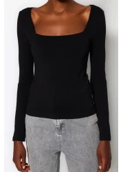  Collection Black Cotton Stretchy Square Neck Fitted Blouse TWOAW24BZ00016