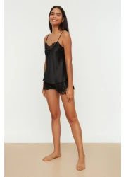  Collection Satin Woven Black Lace Shorts Pajamas Set - Thmaw21Pt0843