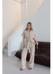 Laluvia Natural Buttoned Belted Blouse Trousers Set - 7207